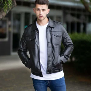 black slim fit leather jacket for men