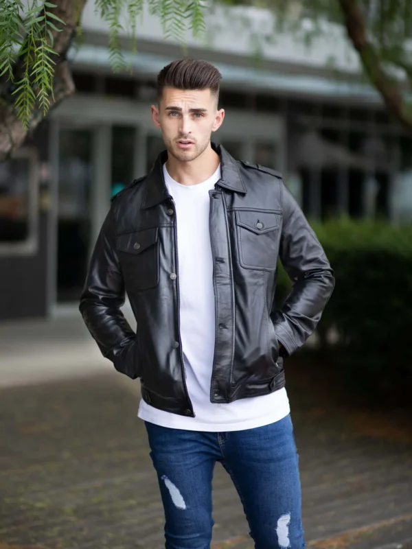 black slim fit leather jacket for men